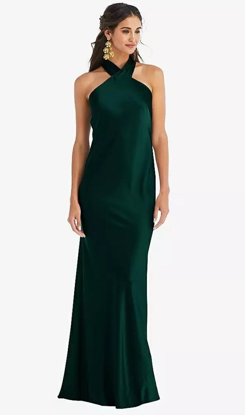 2873 NWT Lovely LB025 Lovely Draped Twist Halter Tie-Back Trumpet Gown Evergreen